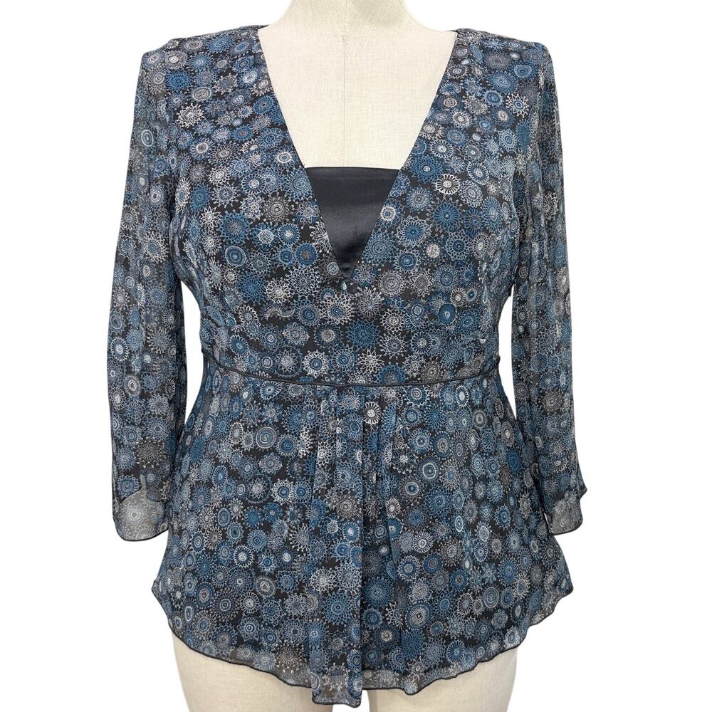 Vintage Y2K Size 14 Nine West Babydoll Top 100% Silk Semi Sheer Geometric Floral